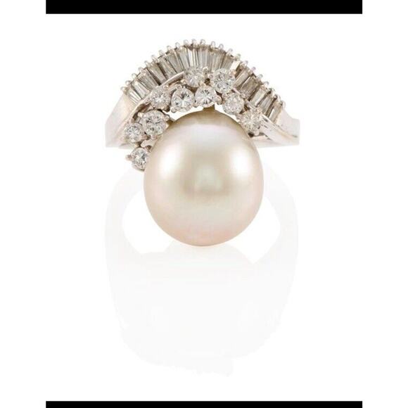 14k White Gold Pearl Diamond Ring South Seas Pearl 12mm Engagement Cocktail Vtg - Picture 1 of 4